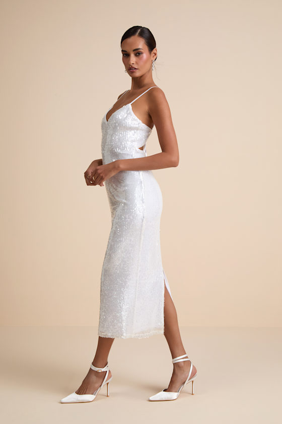 White Dress - Shiny Sequin Midi Dress - Tie-Back Midi Dress - Image 3