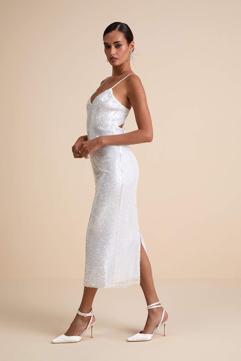 knee length dresses for ladies Crystal Embellished Crepe Long Midi Dress with A Side Slit 40 (FR) / White