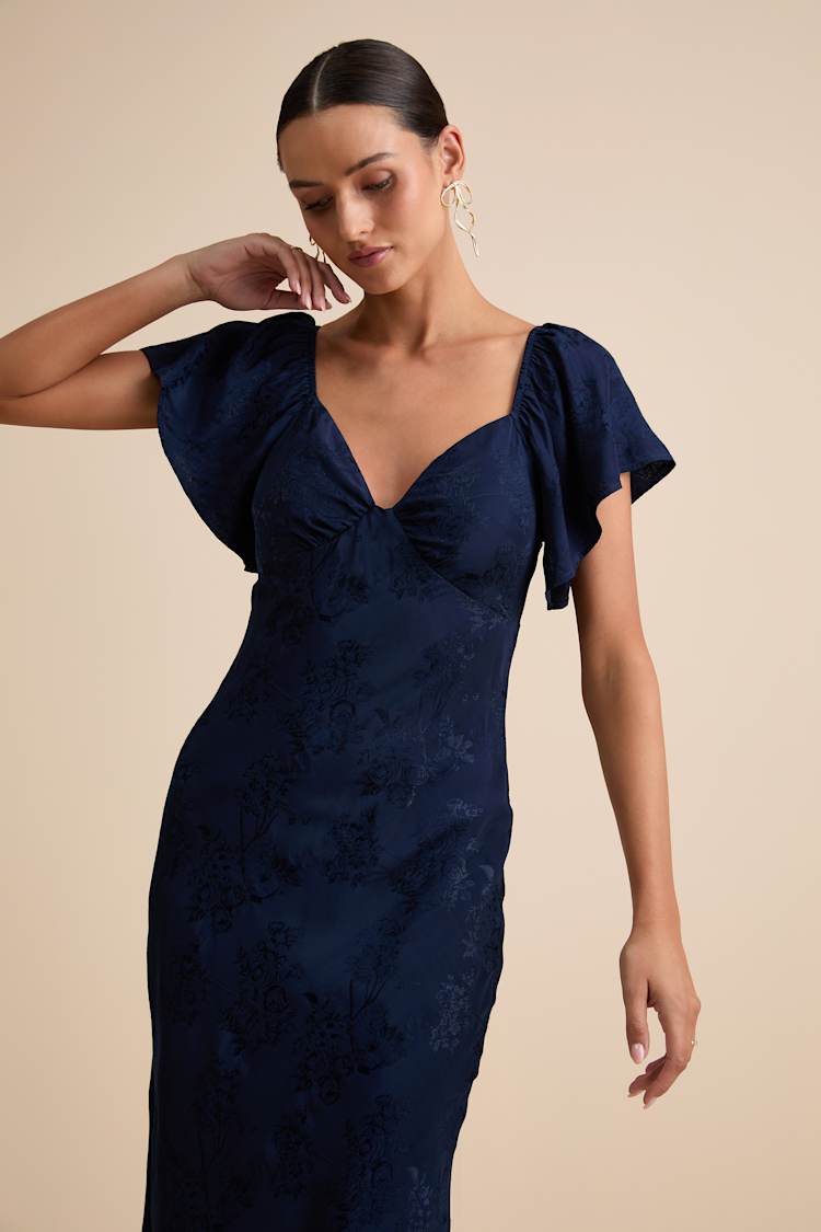 Navy Satin Midi Dress - Flutter Sleeve Dress - Jacquard Dress - Lulus