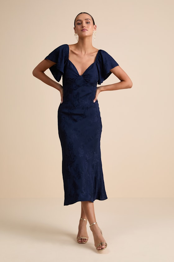 Navy Satin Midi Dress - Flutter Sleeve Dress - Jacquard Dress - Image 2