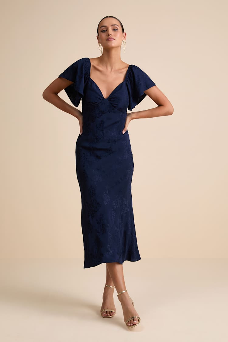 Effervescent Afternoon Navy Satin Flutter Sleeve Midi Dress