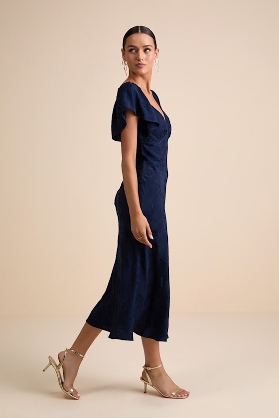 Navy Satin Midi Dress - Flutter Sleeve Dress - Jacquard Dress - Image 3