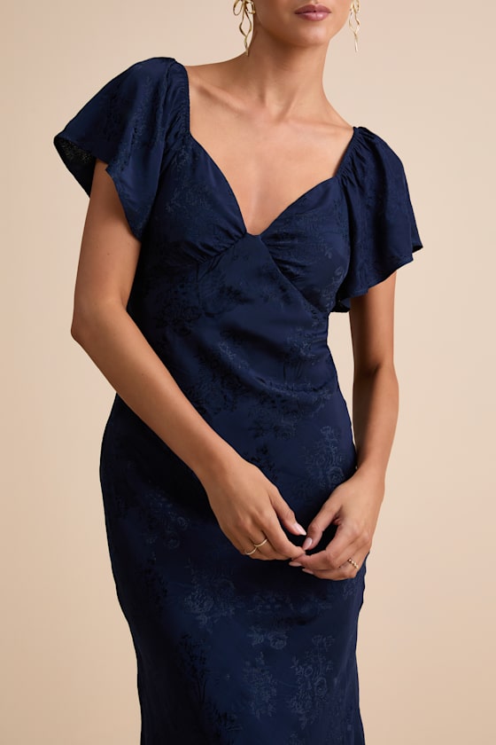 Navy Satin Midi Dress - Flutter Sleeve Dress - Jacquard Dress - Image 4