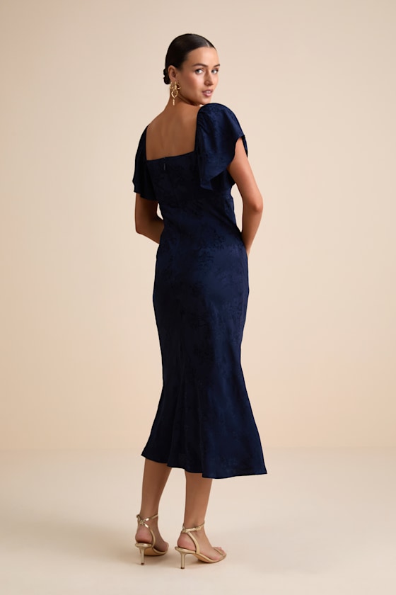 Navy Satin Midi Dress - Flutter Sleeve Dress - Jacquard Dress - Image 5