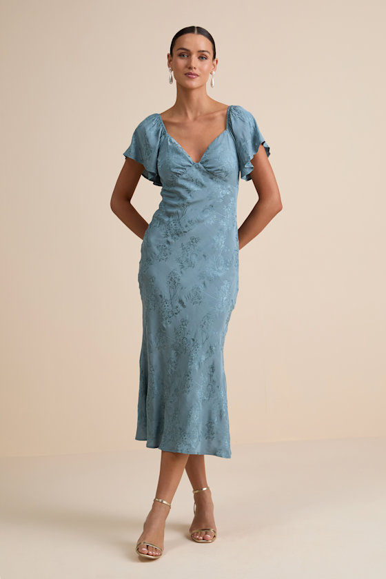 Image of Effervescent Afternoon Slate Satin Flutter Sleeve Midi Dress