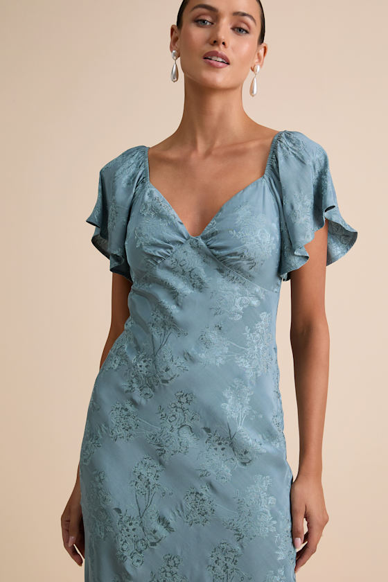 Slate Satin Midi Dress - Flutter Sleeve Dress - Jacquard Dress - Image 2