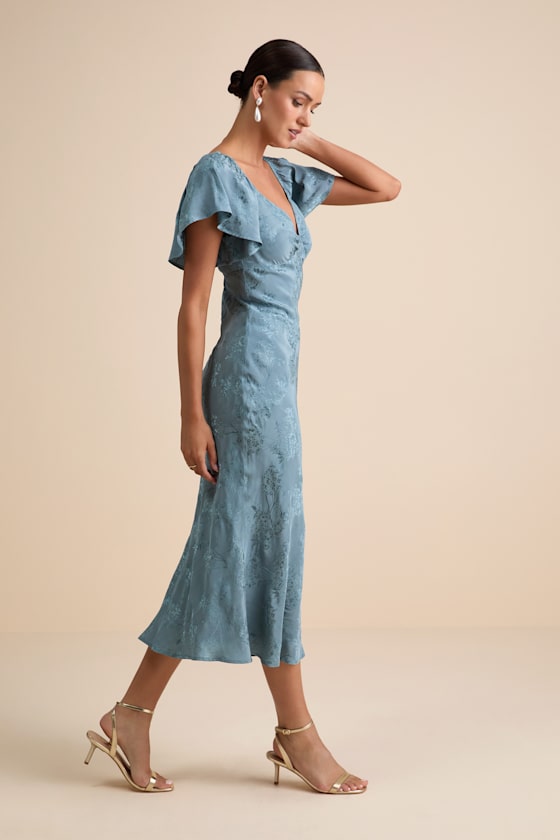 Slate Satin Midi Dress - Flutter Sleeve Dress - Jacquard Dress - Image 3