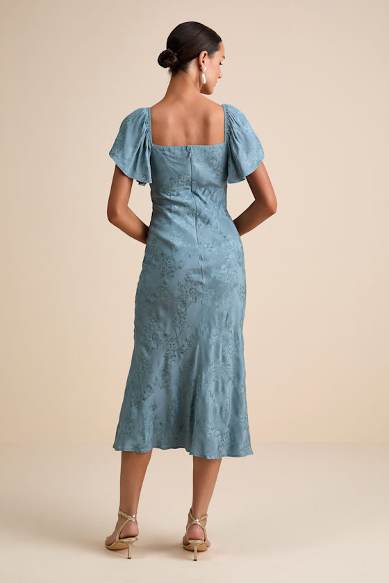 Slate Satin Midi Dress - Flutter Sleeve Dress - Jacquard Dress - Image 4