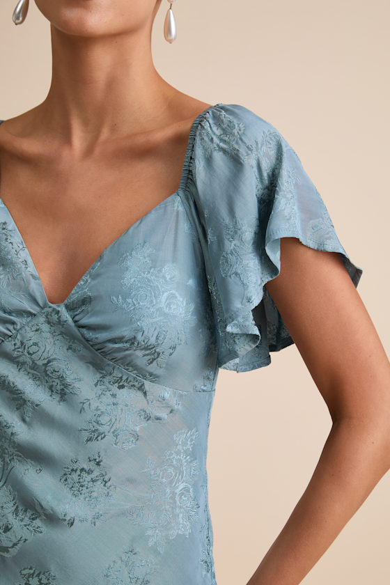 Slate Satin Midi Dress - Flutter Sleeve Dress - Jacquard Dress - Image 5