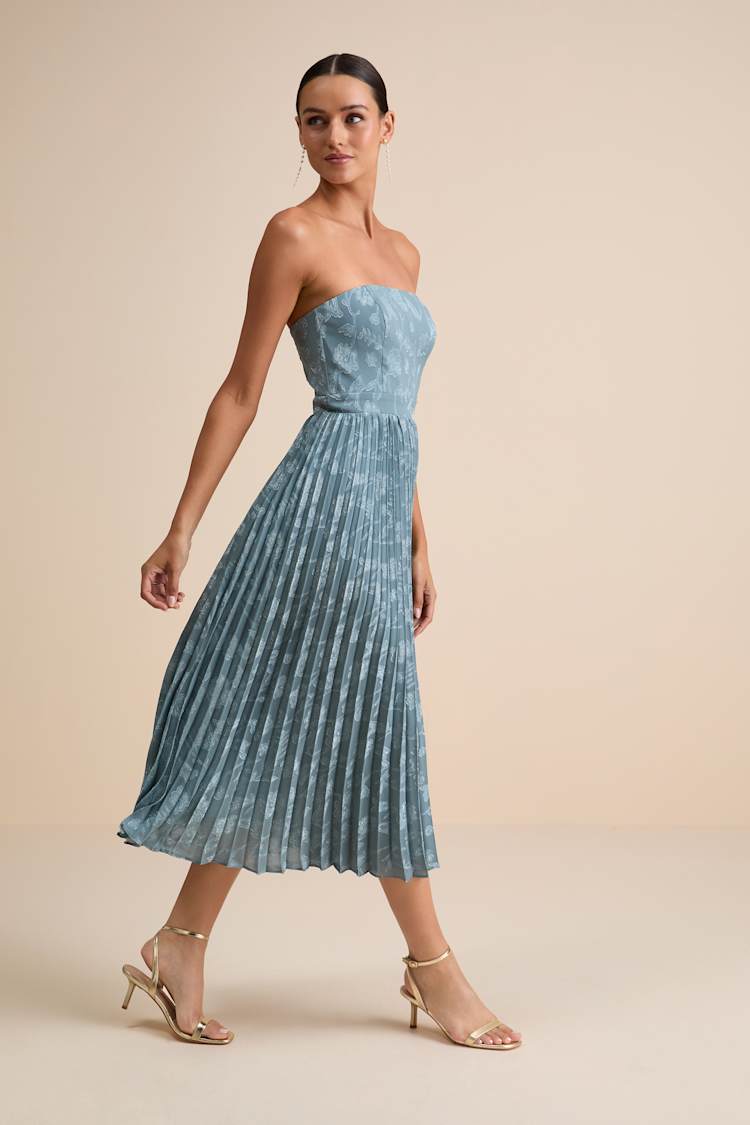 Slate Blue Dress - Strapless Midi Dress - Floral Jacquard Dress - Lulus