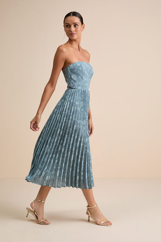 Perfectly Stunning Slate Blue Jacquard Strapless Midi Dress 2