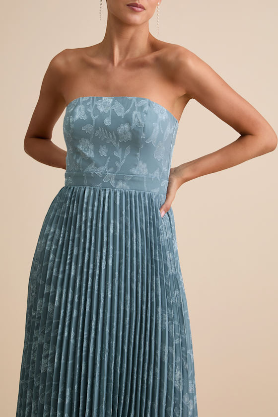 Perfectly Stunning Slate Blue Jacquard Strapless Midi Dress 5