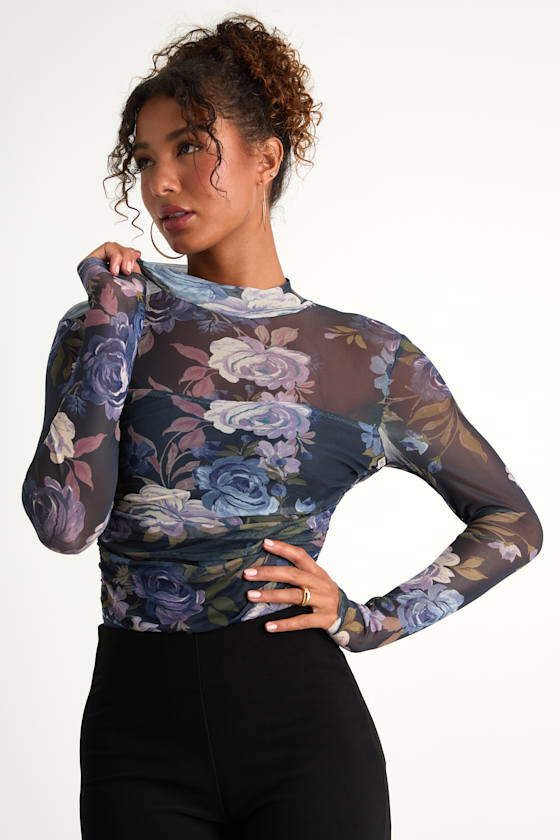 Clearly Alluring Blue Floral Mesh Long Sleeve Mock Neck Bodysuit 1
