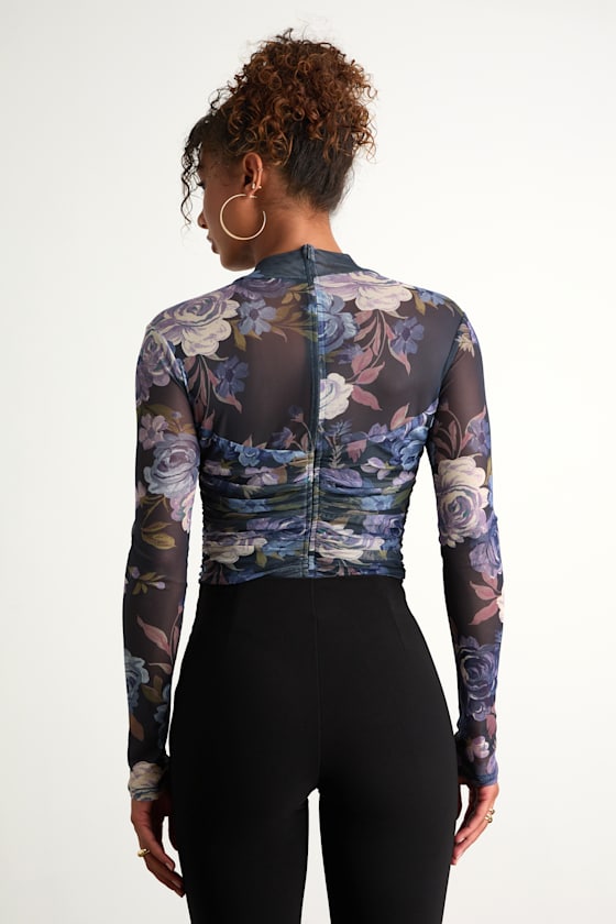Clearly Alluring Blue Floral Mesh Long Sleeve Mock Neck Bodysuit 2