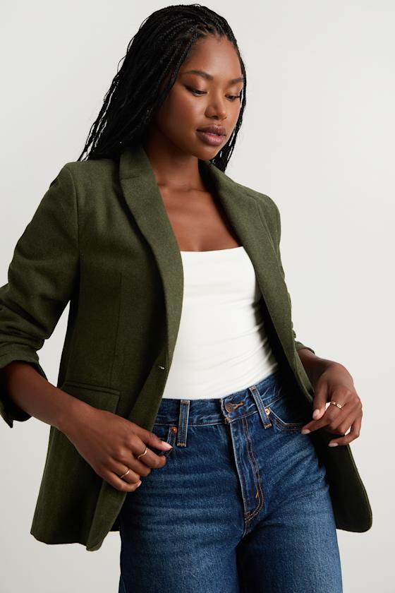 Sophisticated Chic Olive Green Tweed Blazer 1