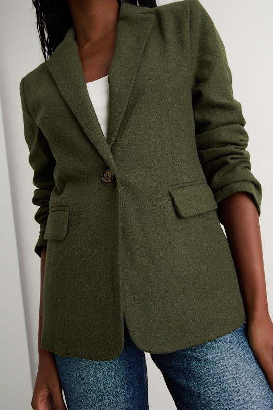 Sophisticated Chic Olive Green Tweed Blazer - thumbnail 2