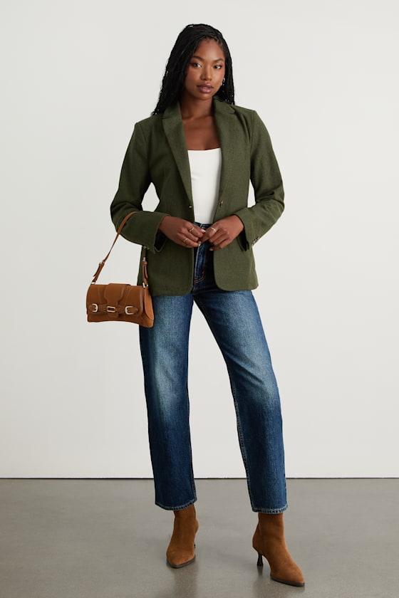 Sophisticated Chic Olive Green Tweed Blazer - thumbnail 3