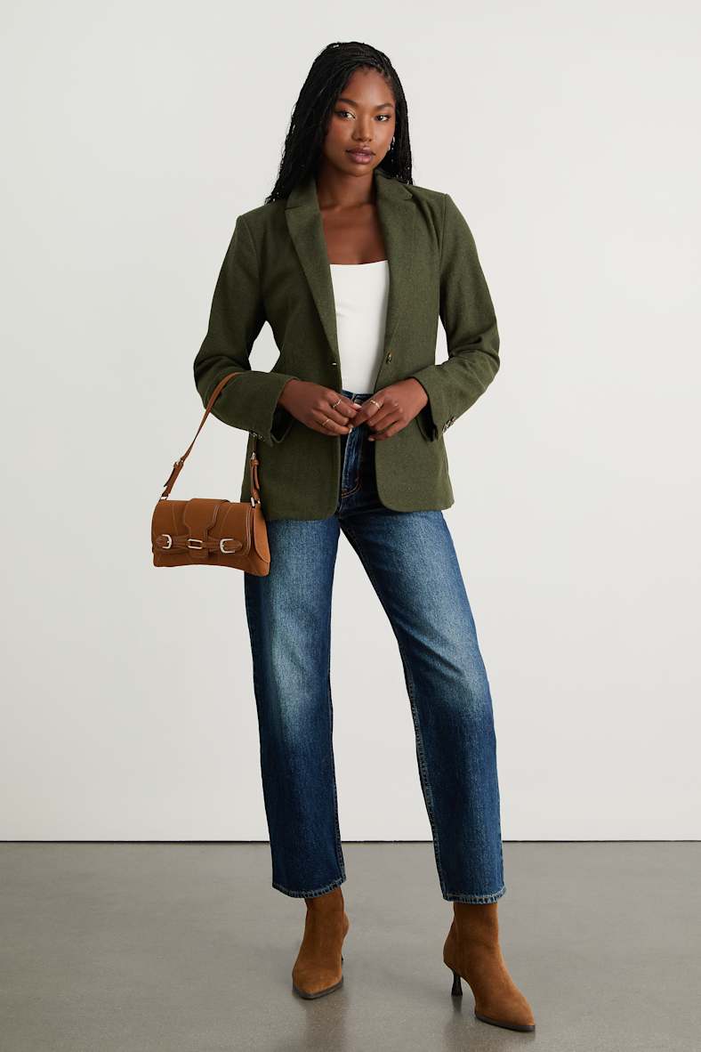 Sophisticated Chic Olive Green Tweed Blazer