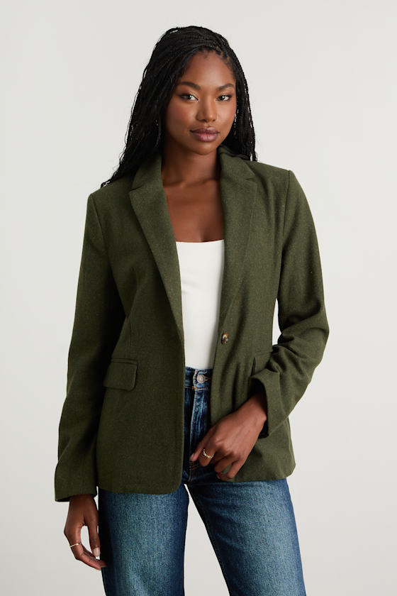 Sophisticated Chic Olive Green Tweed Blazer - thumbnail 5