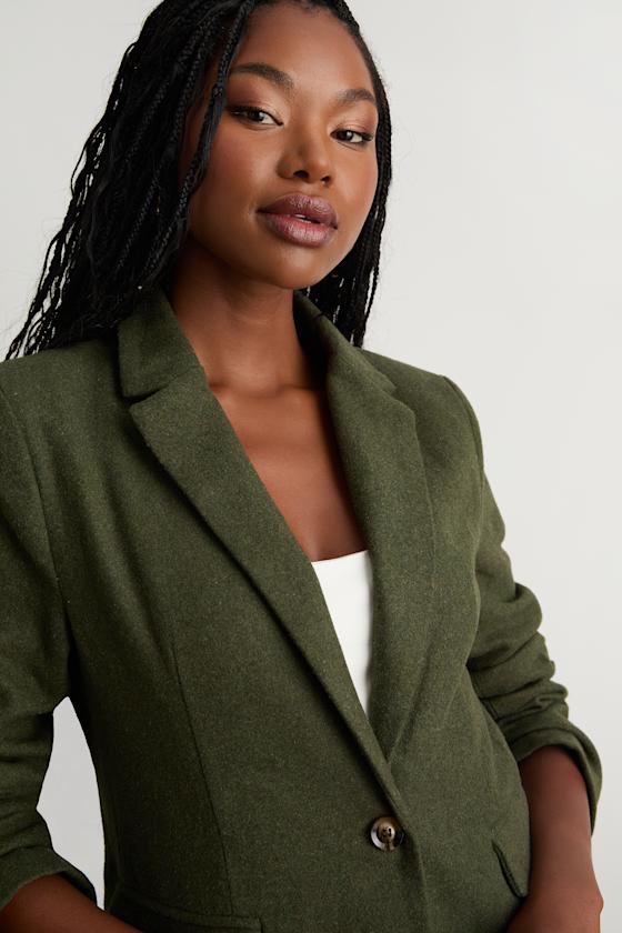 Sophisticated Chic Olive Green Tweed Blazer - thumbnail 6