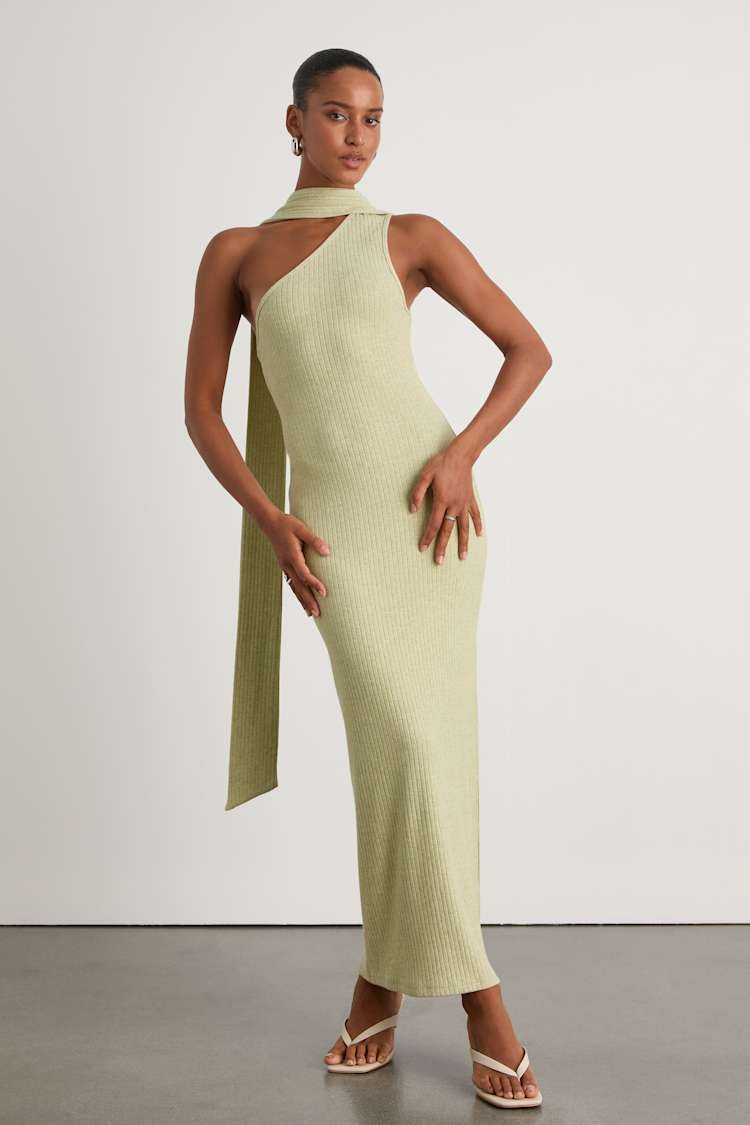 Green Venna Heathered Sage One-Shoulder Scarf Maxi Dress | Womens | Large (Available in M, XL) | Polyester/Spandex/Viscose | Lulus Green Venna Heathered Sage One-Shoulder Scarf Maxi Dress | Womens | Large (Available in M, XL) | Polyester/Spandex/Viscose | Lulus