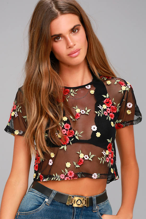 Garden of Delight Black Embroidered Mesh Crop Top 2