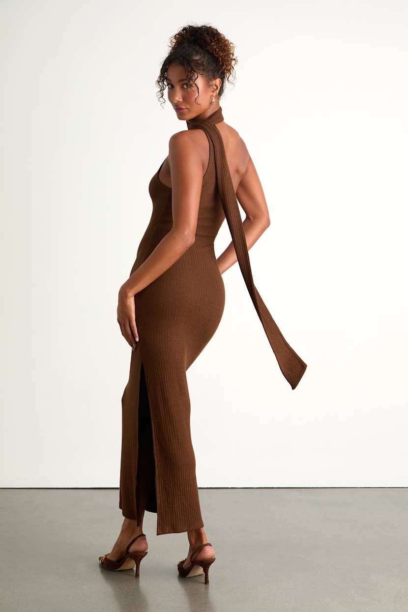 Heathered Brown Dress - Sash Scarf Dress - Ribbed Knit Maxi Dress - Lulus
