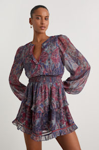 Variah Blue Multi Boho Print Long Sleeve Mini Dress 1