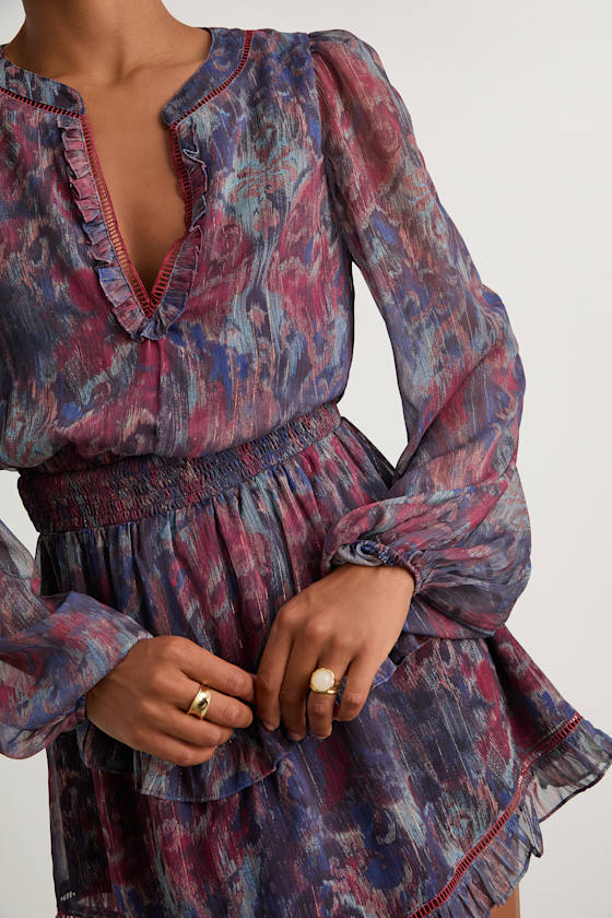 Variah Blue Multi Boho Print Long Sleeve Mini Dress 2