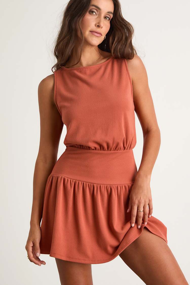 Lulus | Orange Junie Terracotta Ribbed Knit Boat Neck Mini Dress | Womens | X-Large