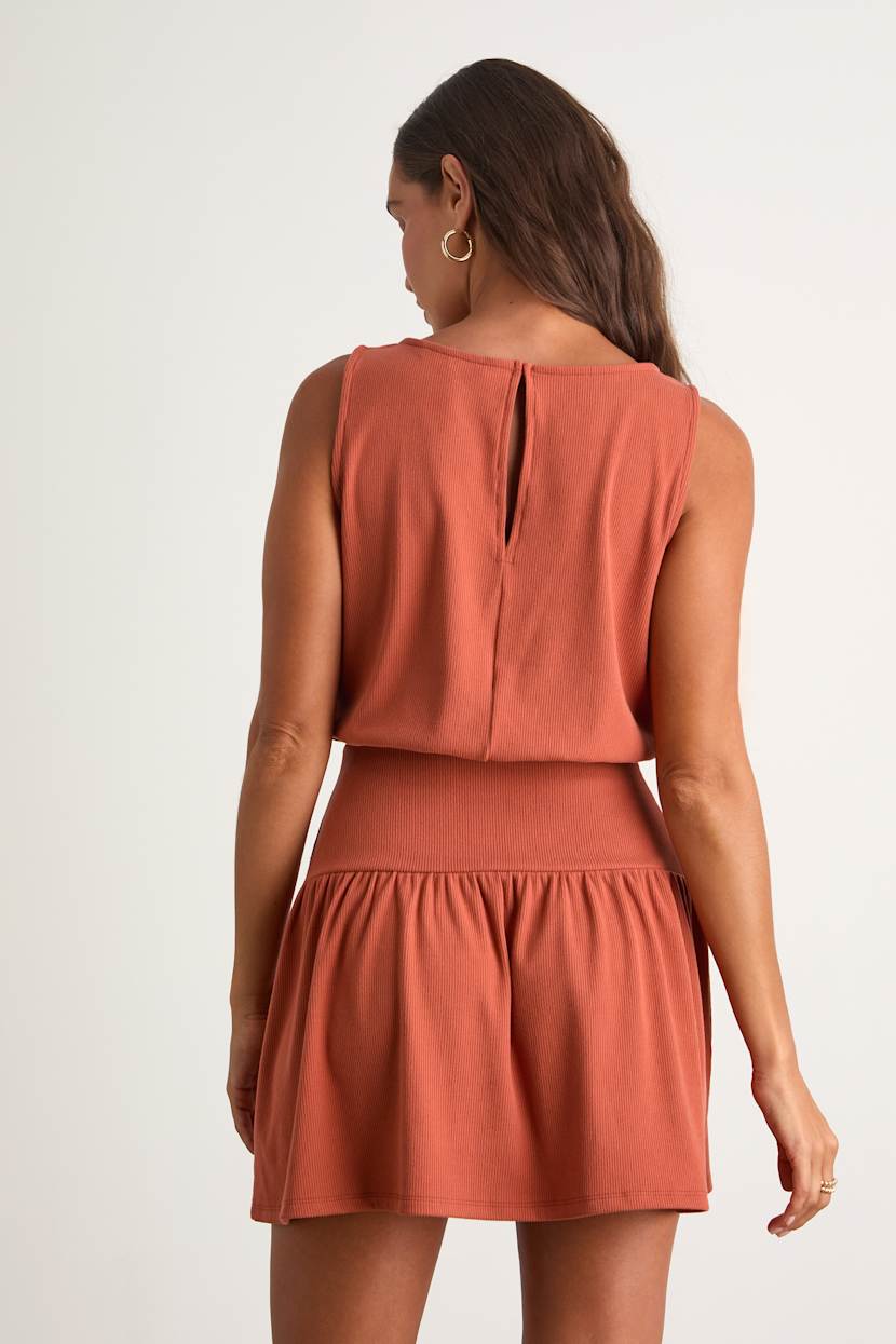 Lulus | Orange Junie Terracotta Ribbed Knit Boat Neck Mini Dress | Womens | X-Large | Polyester/Spandex