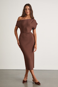Brady Brown Ribbed Off-the-Shoulder Sweater Midi Dress 1
