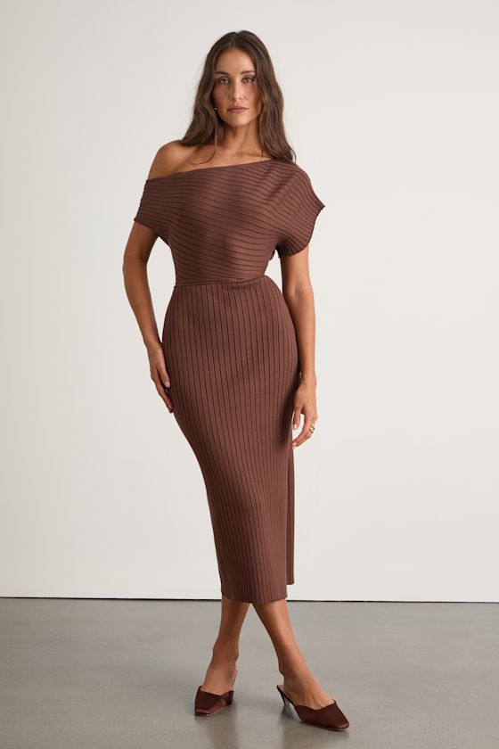 Brady Brown Ribbed Off-the-Shoulder Sweater Midi Dress 1