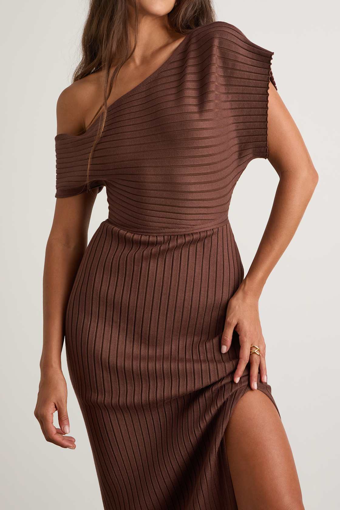 Brady Brown Ribbed Off-the-Shoulder Sweater Midi Dress