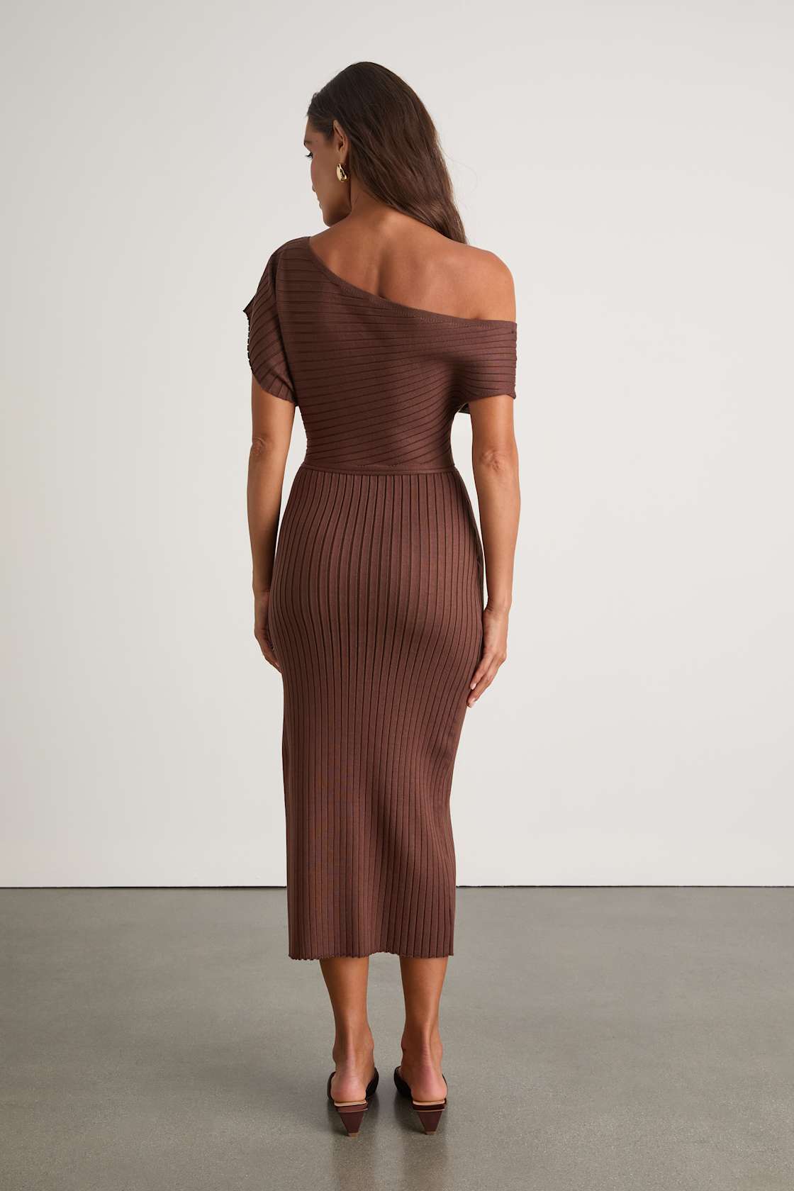 Brady Brown Ribbed Off-the-Shoulder Sweater Midi Dress