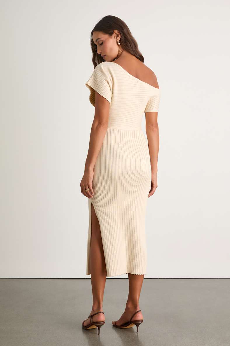 Brady Cream Ribbed Off-the-Shoulder Sweater Midi Dress