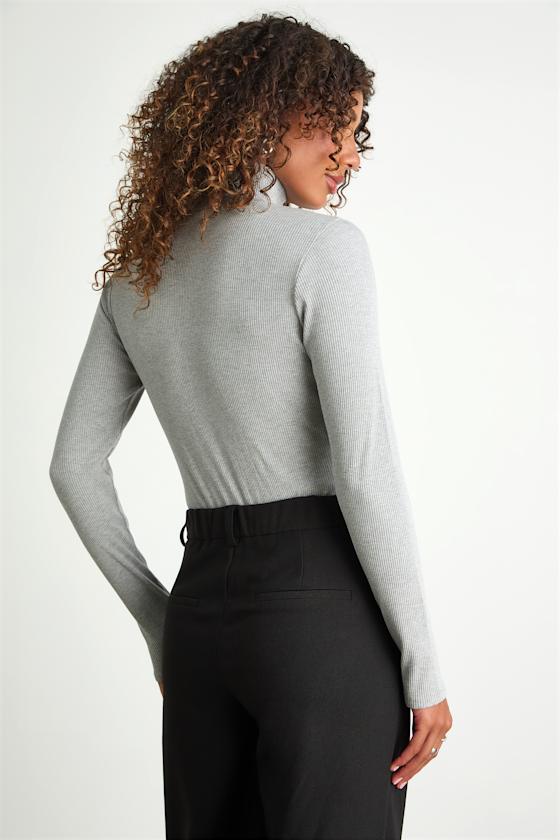 Wilde Heather Grey Ribbed Long Sleeve Mock Neck Bodysuit