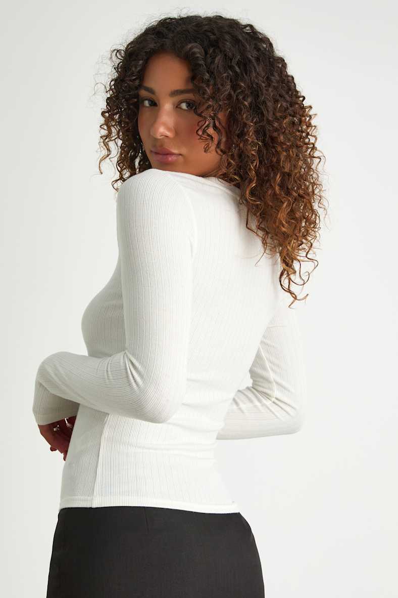Essential Fit White Ribbed Knit Long Sleeve Top