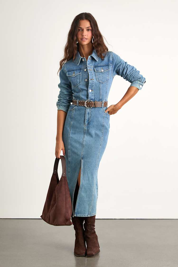Alarie Medium Wash Denim Long Sleeve Midi Dress