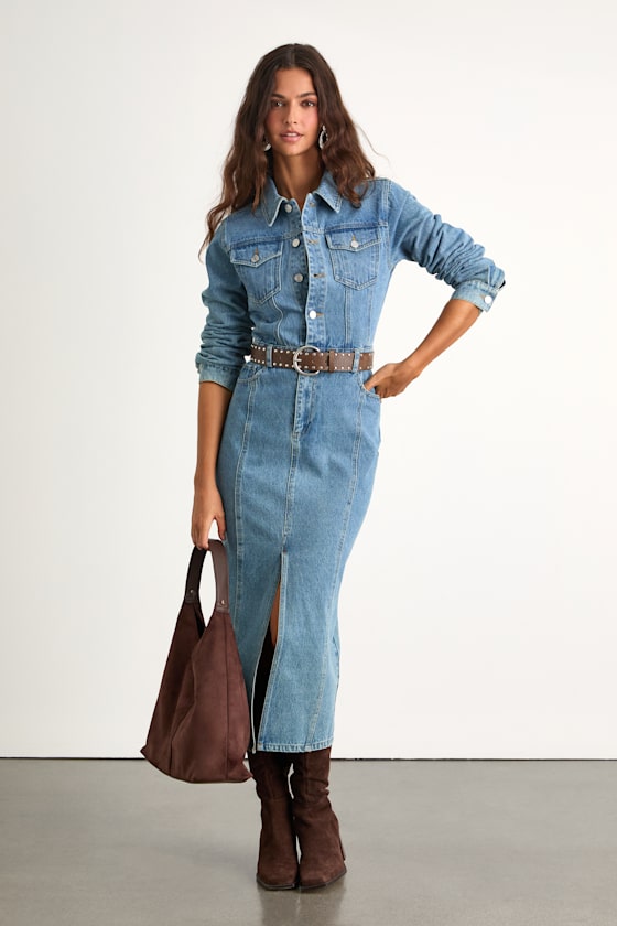 Alarie Medium Wash Denim Long Sleeve Midi Dress 1