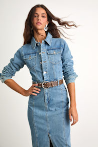 Alarie Medium Wash Denim Long Sleeve Midi Dress 2