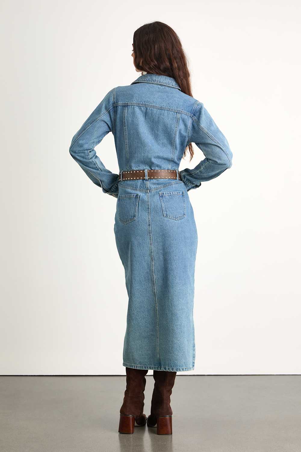 Alarie Medium Wash Denim Long Sleeve Midi Dress