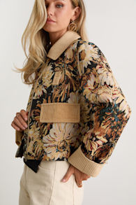 Morrina Navy and Beige Floral Jacquard Barn Jacket 1