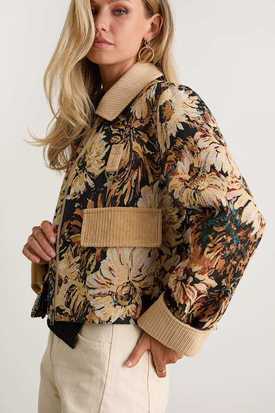 Morrina Navy and Beige Floral Jacquard Barn Jacket 1
