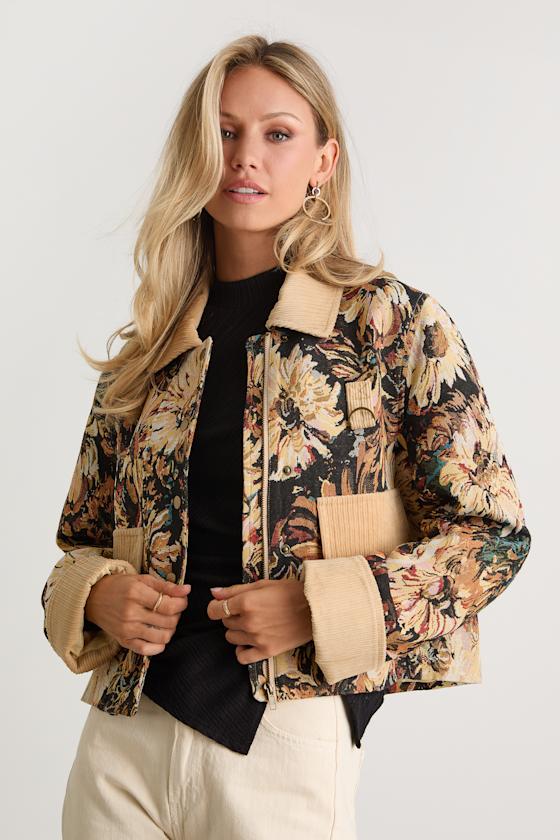 Morrina Navy and Beige Floral Jacquard Barn Jacket 2