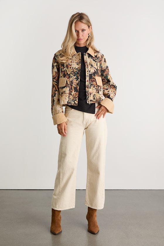 Morrina Navy and Beige Floral Jacquard Barn Jacket - thumbnail 3