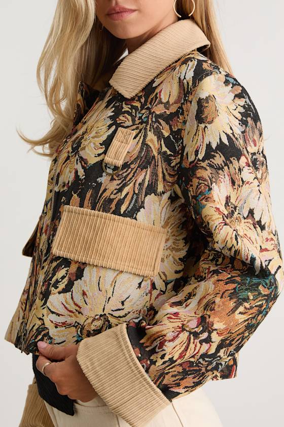 Morrina Navy and Beige Floral Jacquard Barn Jacket - thumbnail 4