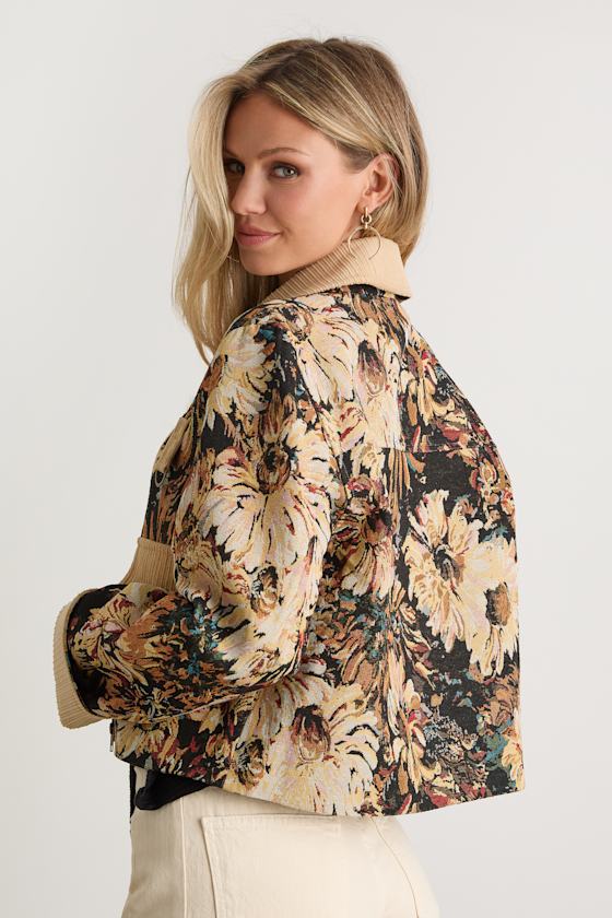 Morrina Navy and Beige Floral Jacquard Barn Jacket - thumbnail 5