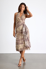 Francine Beige Multi Boho Print Halter Midi Dress 1