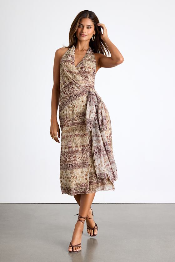 Francine Beige Multi Boho Print Halter Midi Dress 1